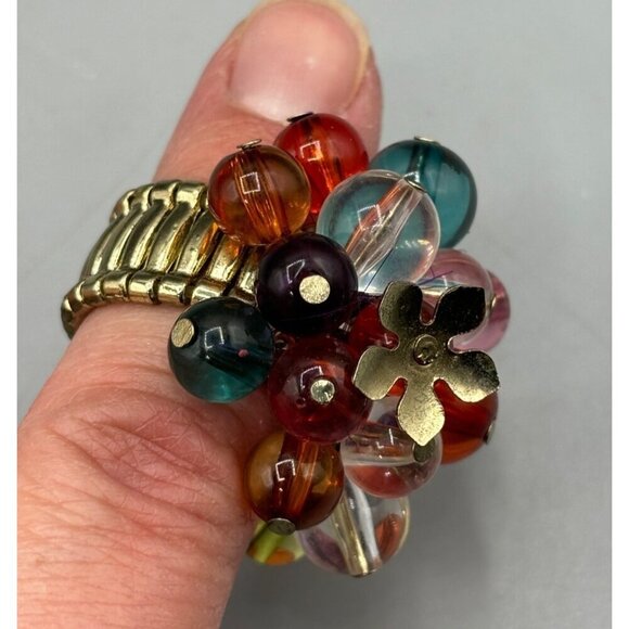 Vtg Ring‎ Bubble Colorful Beads Floral Cluster One Size Stretch Band - Picture 5 of 5